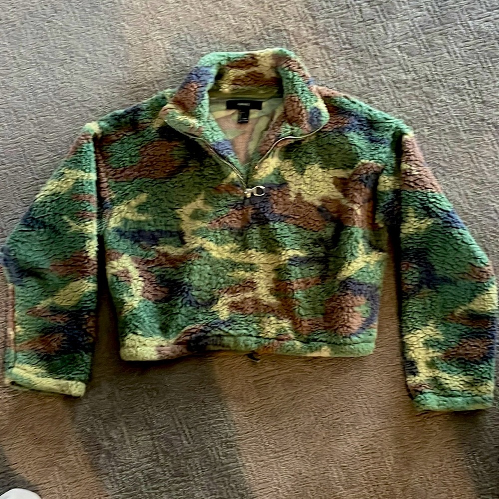 Women’s fuzzy camo print sweater